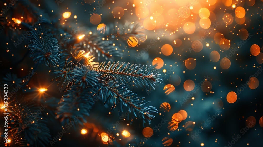 A close up shot of a snow-covered pine branch adorned with twinkling lights. A close up shot of a snow-covered pine branch adorned with twinkling lights.