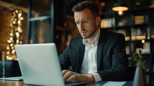 A focused Caucasian male professional in a suit working intently on a laptop in a modern office setting.