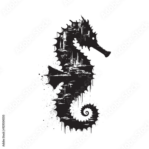 silhouette of Seahorse filled with destroyed futuristic dystopia environment in rough drawing