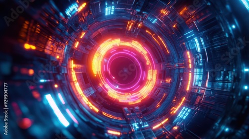 A vivid circular portal with glowing neon lights in shades of blue, purple, and orange, creating a futuristic cybernetic atmosphere.