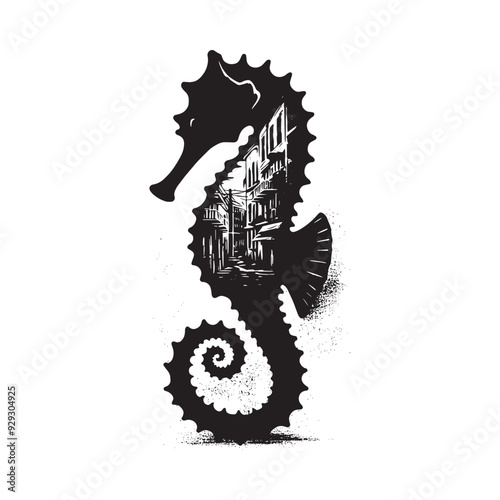 silhouette of Seahorse filled with ghetto street in rough drawing