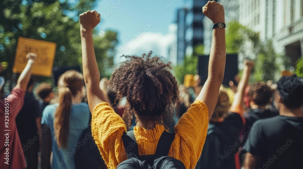 Fototapeta premium A young Black woman raises her fists in solidarity during a vibrant protest, embodying hope and determination against social injustice.