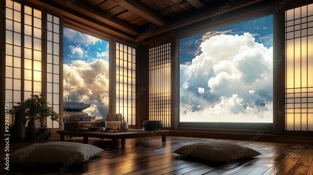 Obraz premium Transform Your Space: Captivating Contemporary Asian Aesthetics Poster Featuring Animated Clouds and Tranquil Wood Interiors for a Serene Atmosphere in Sports or Relaxation Rooms