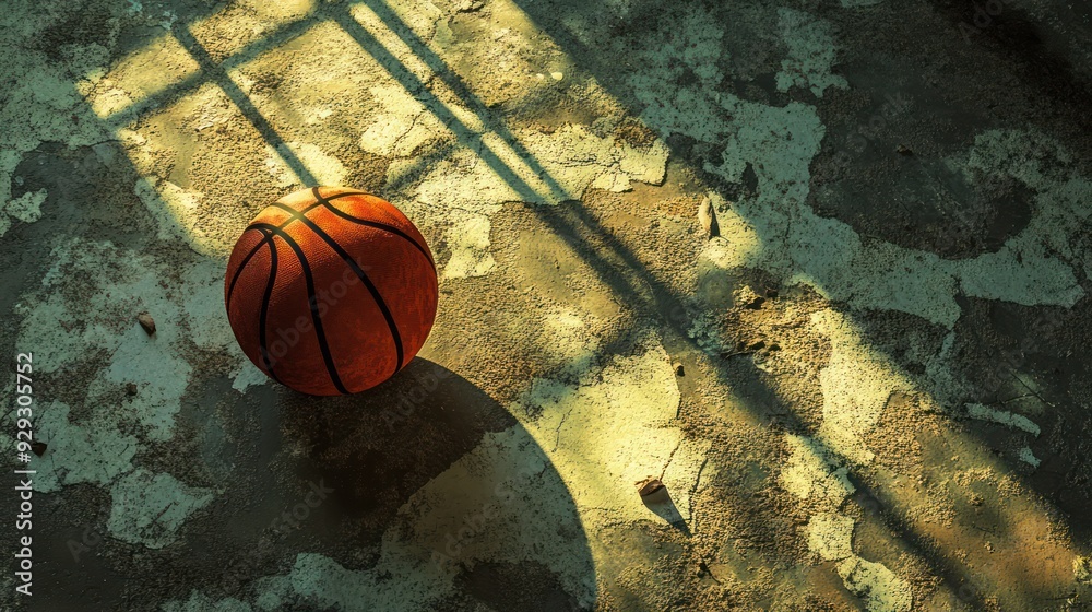 A solitary basketball rests on a worn, cracked court, illuminated by sunlight casting long shadows. A solitary basketball rests on a worn, cracked court, illuminated by sunlight casting long shadows.