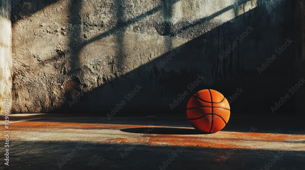 © Nathan - An orange basketball rests on a weathered court, highlighted by dramatic shadows and sunlight streaming through grimy windows. © Nathan - An orange basketball rests on a weathered court, highlighted by dramatic shadows and sunlight streaming through grimy windows.
