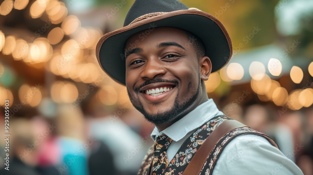 Smiling young Black man wearing a stylish hat at a festive outdoor market. Smiling young Black man wearing a stylish hat at a festive outdoor market.