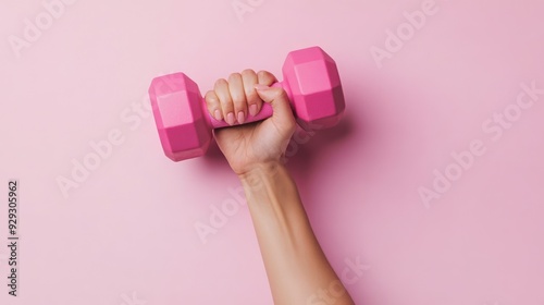 A close-up of a female hand, holding a pink dumbbell against a pastel pink background.