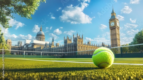 A vibrant tennis ball rests on a lush green court, with iconic London landmarks in the background under a clear blue sky.