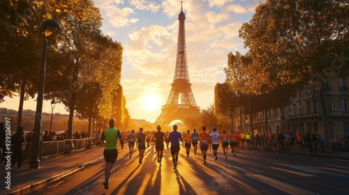 A diverse group of runners, men and women, races towards the Eiffel Tower at sunset, creating a vibrant and dynamic atmosphere. photo