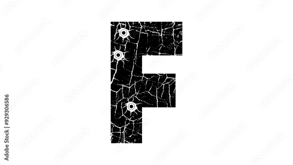 cracked Letter F with Bullet holes, black isolated silhouette cracked Letter F with Bullet holes, black isolated silhouette