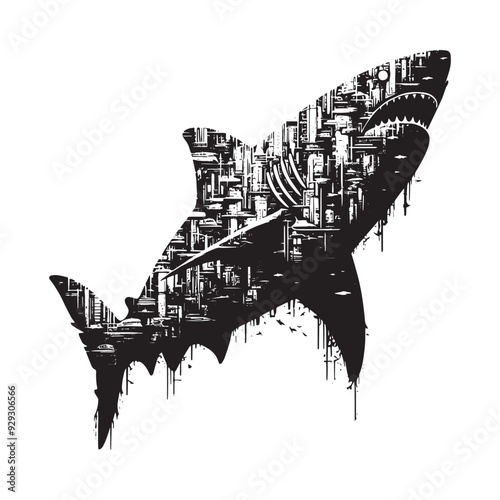 silhouette of Shark filled with destroyed futuristic dystopia environment in rough drawing