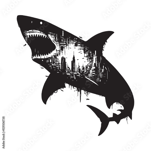 silhouette of Shark filled with destroyed futuristic dystopia environment in rough drawing