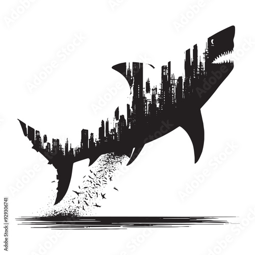 silhouette of Shark filled with destroyed futuristic dystopia environment in rough drawing