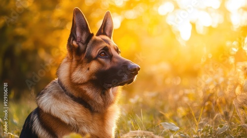 A majestic German Shepherd dog sits gracefully in a sunlit field, showcasing its striking features against a warm, golden backdrop. photo