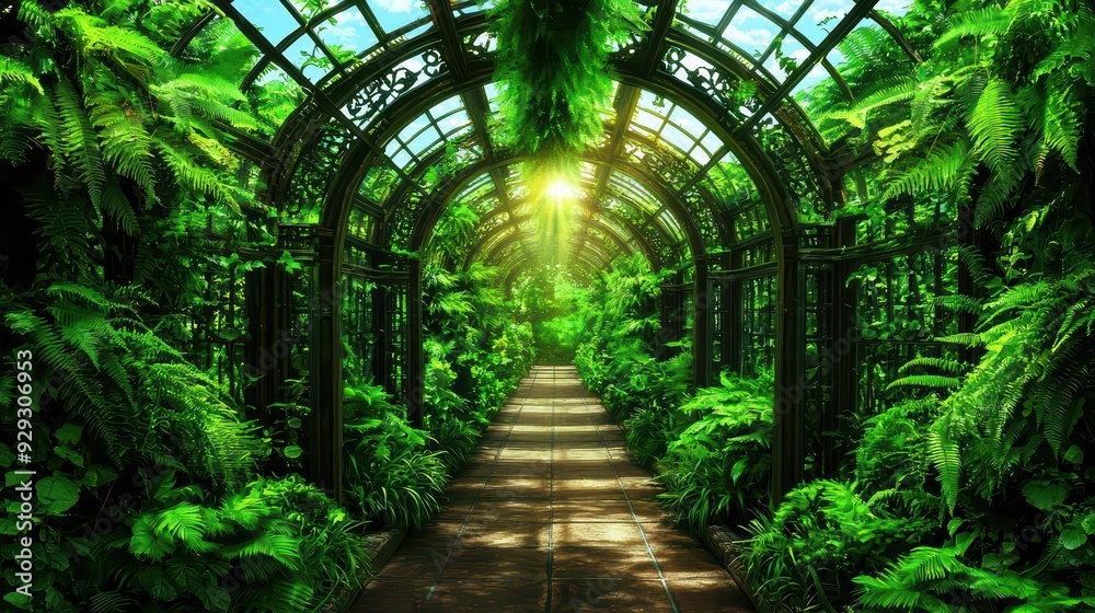 A tranquil garden pathway surrounded by lush greenery and sunlight filtering through a glass ceiling, inviting serenity and peace. A tranquil garden pathway surrounded by lush greenery and sunlight filtering through a glass ceiling, inviting serenity and peace.