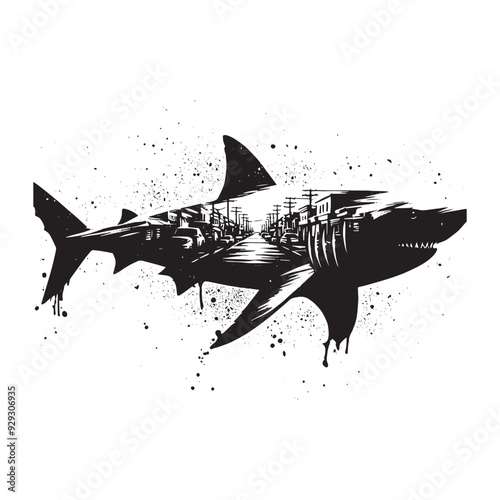 silhouette of Shark filled with ghetto street in rough drawing
