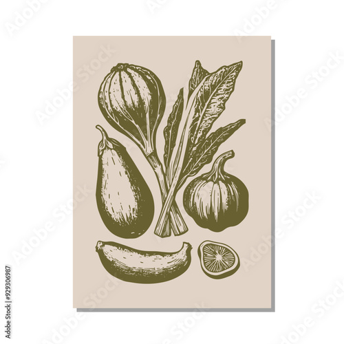 Hand drawn linocut style vegetables poster. Grunge illustration of different vegetables. Vector background