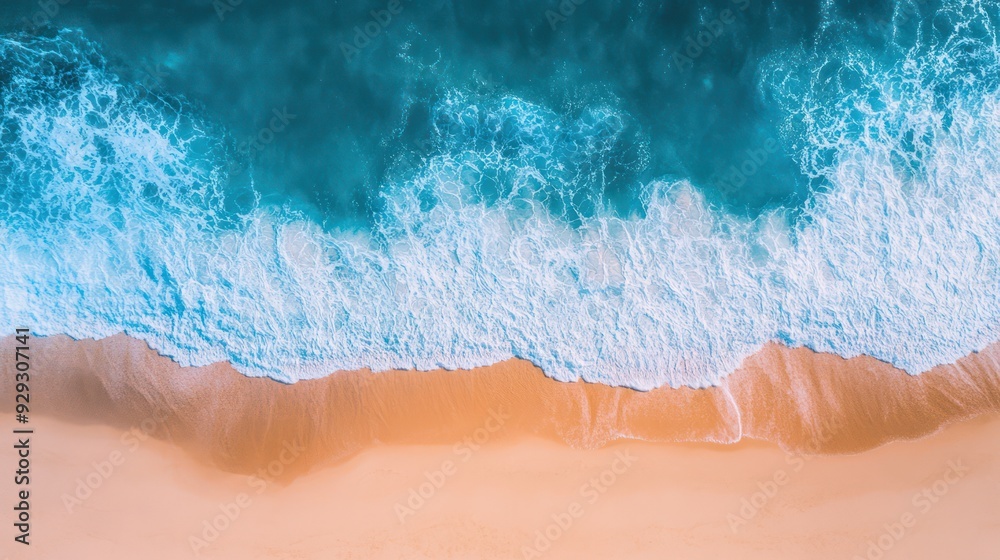 Fototapeta premium Aerial view of gentle ocean waves lapping the soft, golden sandy shore under bright sunlight.