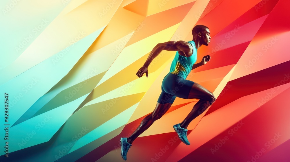 Dynamic male runner in bright sportswear races against a vibrant, abstract background.