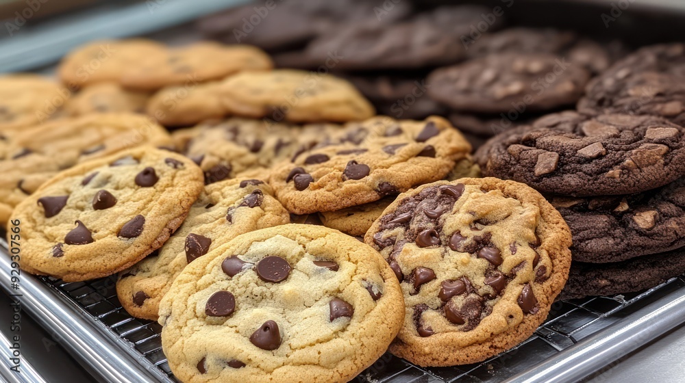 A delicious assortment of freshly baked chocolate chip and double chocolate cookies, perfect for dessert lovers. A delicious assortment of freshly baked chocolate chip and double chocolate cookies, perfect for dessert lovers.