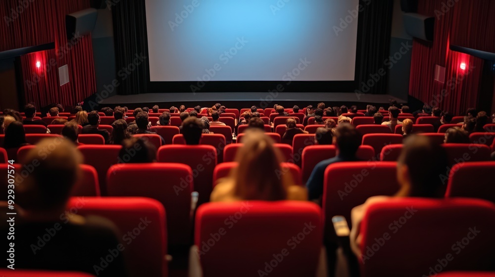 Obraz premium A crowd of diverse moviegoers eagerly watches a film in a cozy cinema, featuring vibrant red seating.