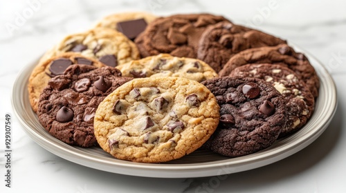 A tempting assortment of freshly baked cookies, featuring chocolate chip and double chocolate flavors on a plate.