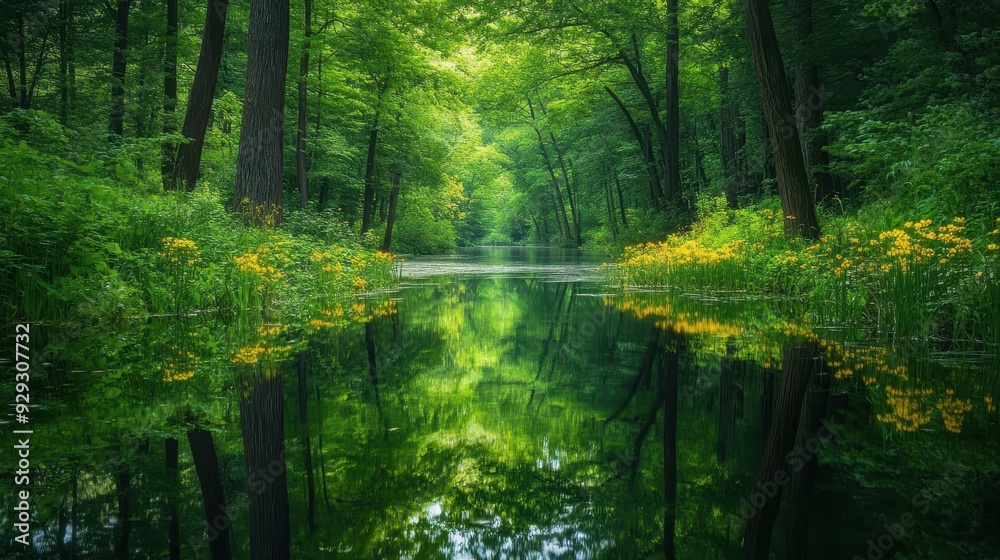 A serene forest landscape reflecting in calm water, showcasing vibrant greenery and flowers. A serene forest landscape reflecting in calm water, showcasing vibrant greenery and flowers.