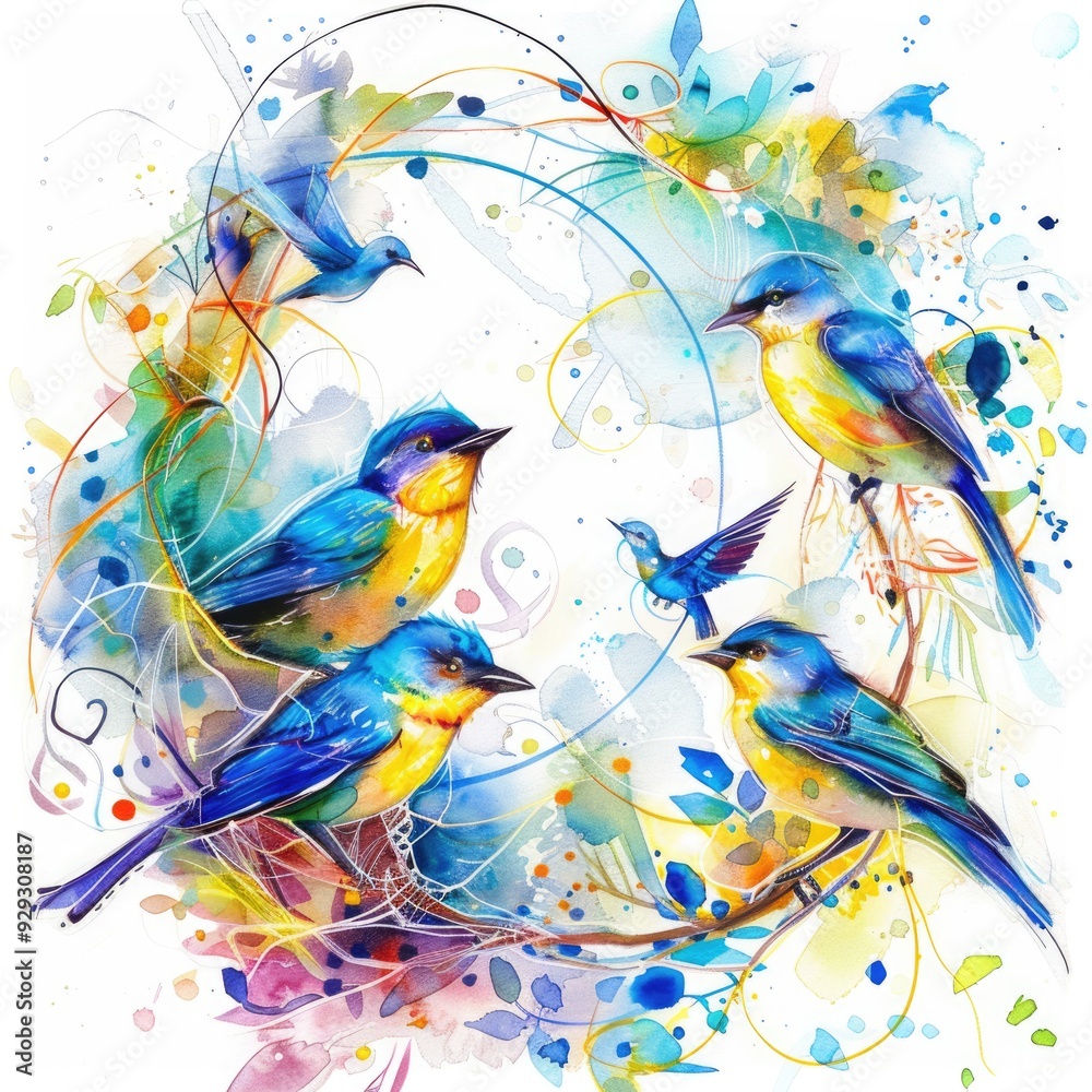 Fototapeta premium Watercolor Bird Chaplet. Yellow-Blue Decoration Design with Bird Illustration