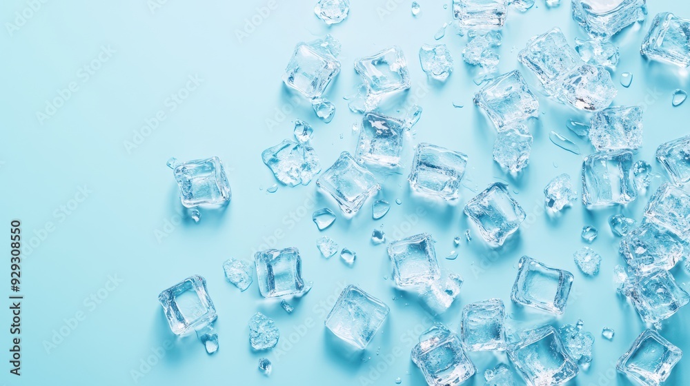 Scattered ice cubes on a light blue background, creating a refreshing and cool atmosphere. Scattered ice cubes on a light blue background, creating a refreshing and cool atmosphere.