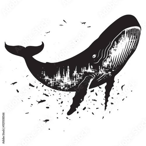 silhouette of sperm Whale filled with destroyed futuristic dystopia environment in rough drawing