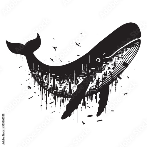 silhouette of sperm Whale filled with destroyed futuristic dystopia environment in rough drawing