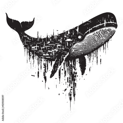silhouette of sperm Whale filled with destroyed futuristic dystopia environment in rough drawing