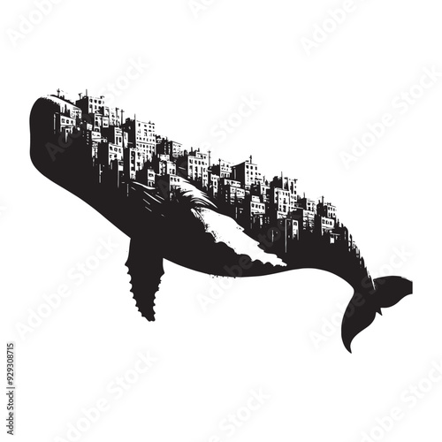 silhouette of sperm Whale filled with ghetto street in rough drawing