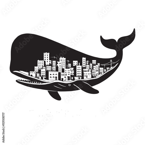 silhouette of sperm Whale filled with ghetto street in rough drawing