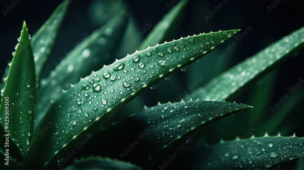 Close-up of vibrant green aloe vera leaves glistening with water droplets, showcasing their natural texture and health benefits. Close-up of vibrant green aloe vera leaves glistening with water droplets, showcasing their natural texture and health benefits.