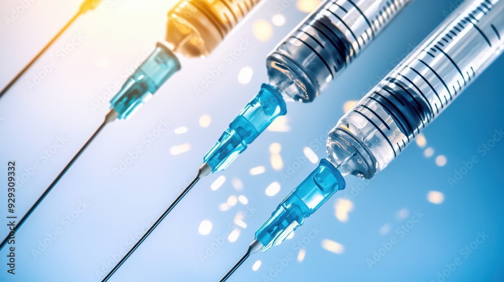 Close-up of three medical syringes with colorful needles, symbolizing vaccination, healthcare, and medical innovation. Close-up of three medical syringes with colorful needles, symbolizing vaccination, healthcare, and medical innovation.