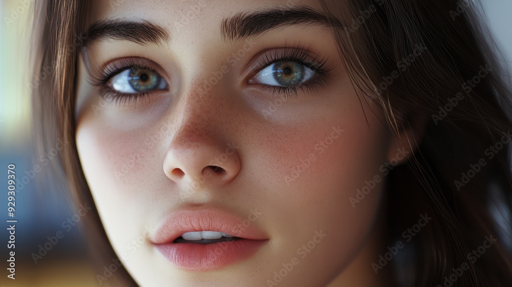 Close-up portrait of a young Caucasian woman with striking green eyes and natural beauty. Close-up portrait of a young Caucasian woman with striking green eyes and natural beauty.