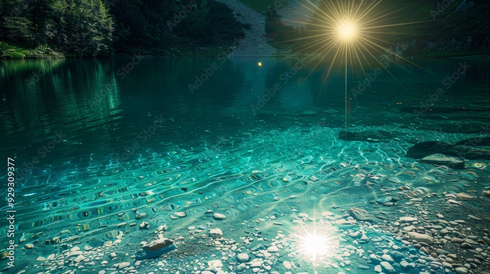 Naklejka premium Tranquil lake scene under sunshine, reflecting rocks with emerald color at mountain water.