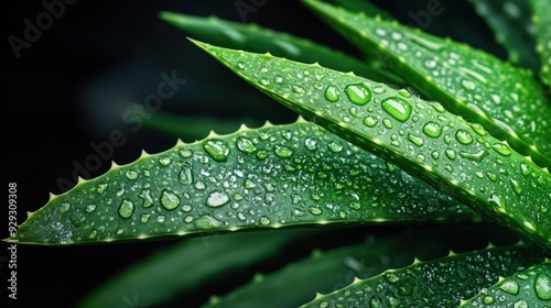 Close-up of a green aloe vera leaf covered in water droplets, showcasing its vibrant texture and pointed edges.