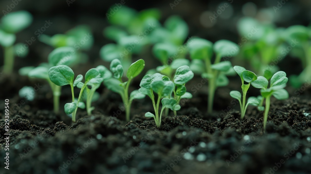 Close-up of young green seedlings emerging from dark soil, showcasing vibrant growth and the promise of new life. Close-up of young green seedlings emerging from dark soil, showcasing vibrant growth and the promise of new life.