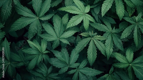 Vibrant green cannabis leaves arranged densely, showcasing intricate textures and natural beauty. photo