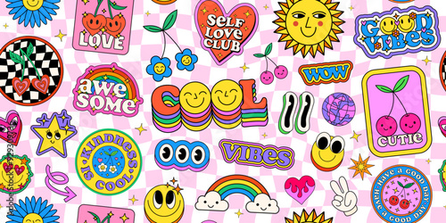 Cool Y2K Seamless Pattern Stickers Collage Background. Pop Art Groovy Patches. Girly Texture.