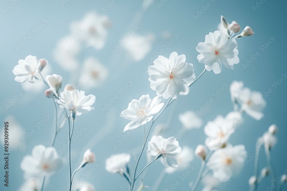 Obraz premium The delicate beauty of spring flowers is captured against a soft pastel blue backdrop, evoking a romantic and naturally aesthetic concept with generative ai