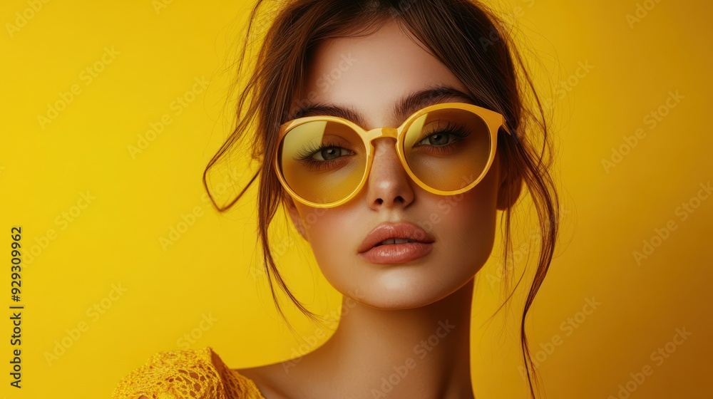 Young woman with long brown hair and yellow sunglasses against a cheerful yellow background. Young woman with long brown hair and yellow sunglasses against a cheerful yellow background.