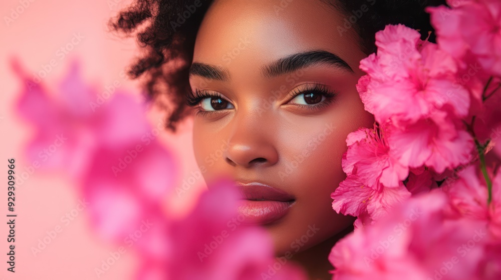 A young Black woman with stunning features peeks through vibrant pink flowers, radiating beauty and charm against a soft pink backdrop. A young Black woman with stunning features peeks through vibrant pink flowers, radiating beauty and charm against a soft pink backdrop.