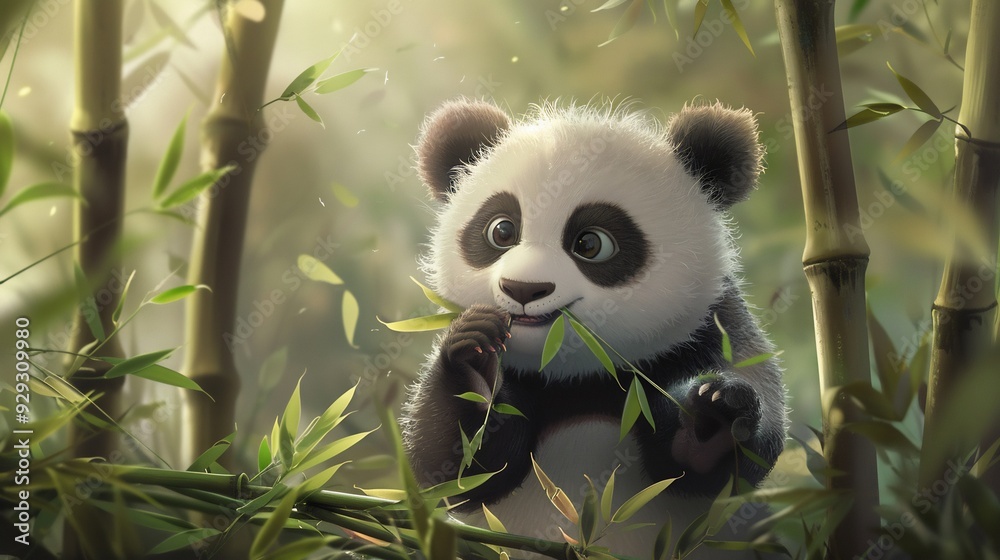 fantasy world, panda eating bamboo leaves, close up fantasy world, panda eating bamboo leaves, close up