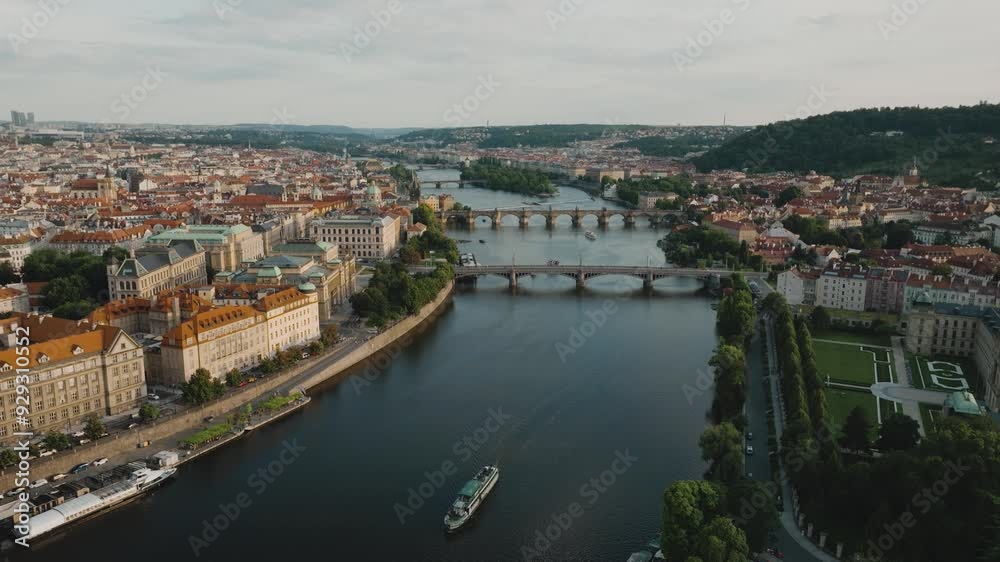 Prague city aerial view. The central part of the city, the Vltava river and many bridges over the river. Prague is the capital and largest city of Czech Republic and the historical capital of Bohemia Prague city aerial view. The central part of the city, the Vltava river and many bridges over the river. Prague is the capital and largest city of Czech Republic and the historical capital of Bohemia