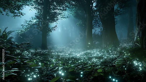 A digital forest featuring bioluminescent plants and holographic wildlife.