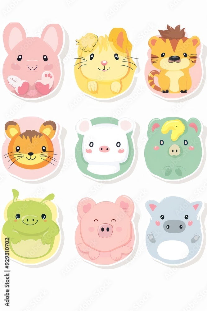 A colorful collection of cute cartoon animal stickers featuring a bunny, lion, tiger, pig, and more, perfect for children's decor. A colorful collection of cute cartoon animal stickers featuring a bunny, lion, tiger, pig, and more, perfect for children's decor.