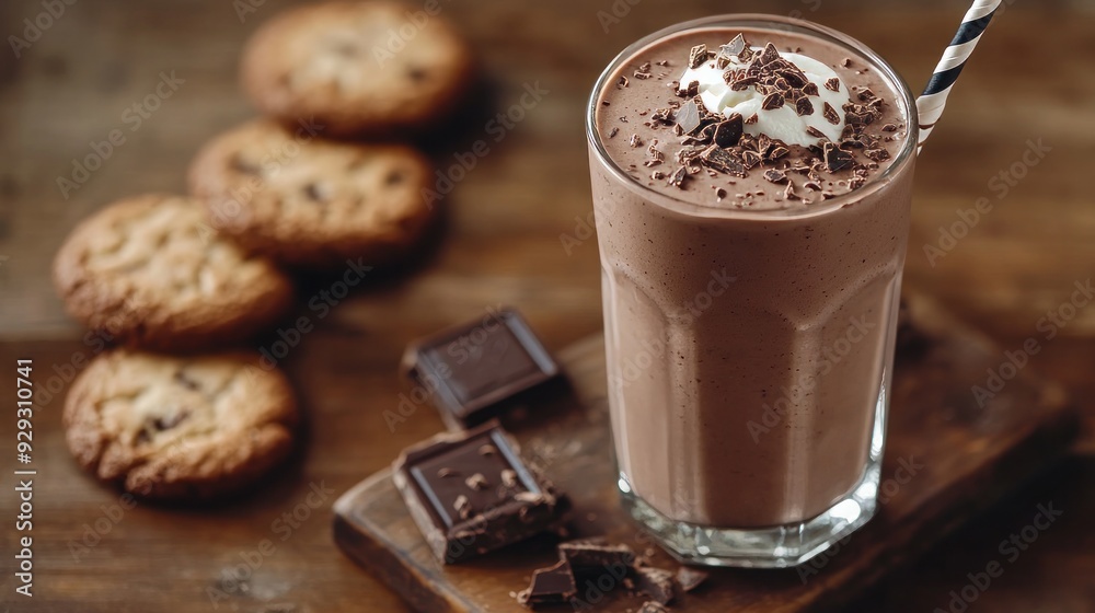 Close-up of a homemade chocolate smoothie (milkshake) and cookies on a rustic wooden table Close-up of a homemade chocolate smoothie (milkshake) and cookies on a rustic wooden table